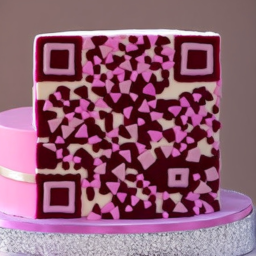 An AI-generated QR code styled as a frosted celebration cake