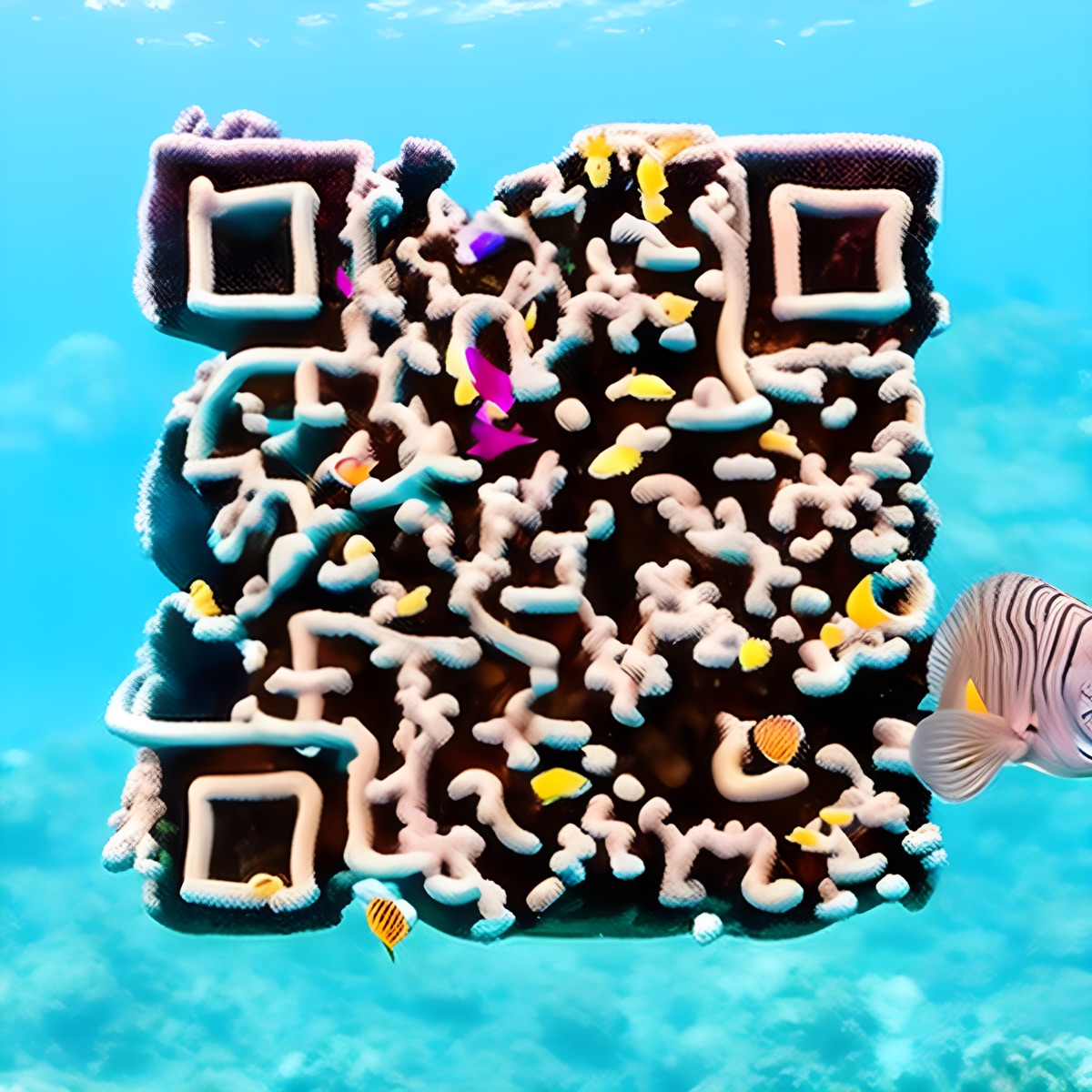 An AI-generated QR code blended into an underwater coral reef scene