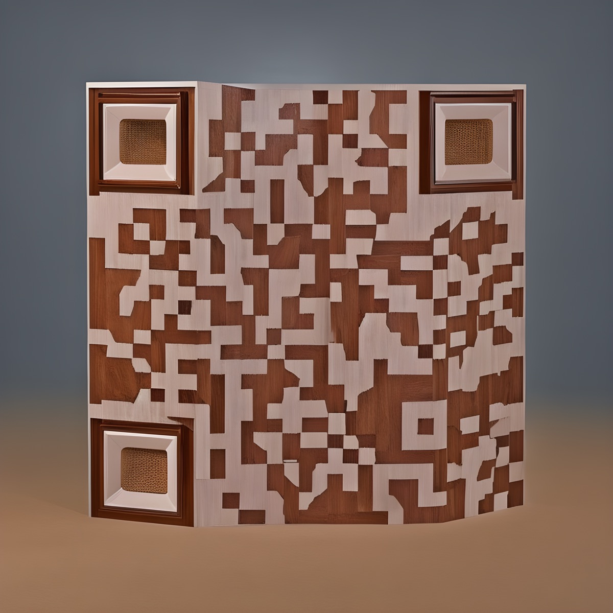 An AI-generated QR code rendered as a curved panel of wooden marquetry