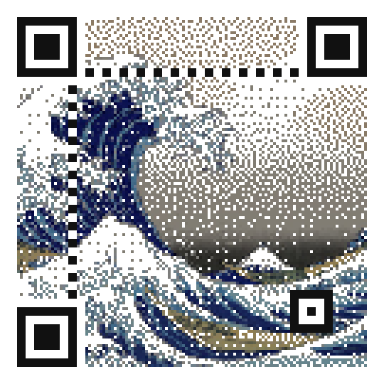 Dithered QR code of Hokusai's The Great Wave in its original colors