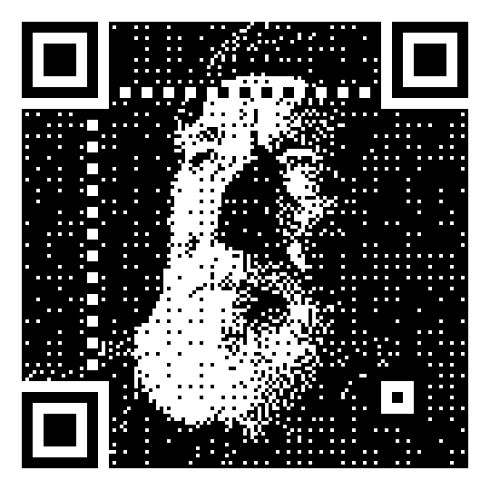 Dithered QR code of an elderly man's portrait, still scannable
