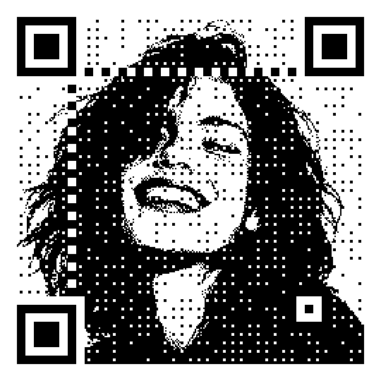 A dithered QR code of a laughing woman's portrait — the photo rendered entirely as scannable black-and-white cells
