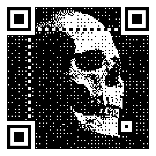 Dithered QR code of a skull — a bold graphic that reads clearly as a code