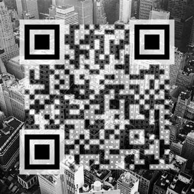Transparent QR code on a busy city skyline