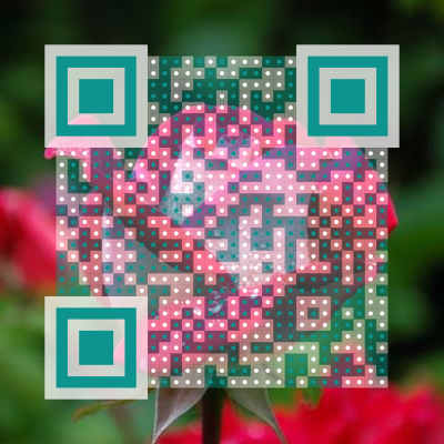 Transparent QR code with teal dots overlaid on a flower photo — smart contrast adapts each module to the background