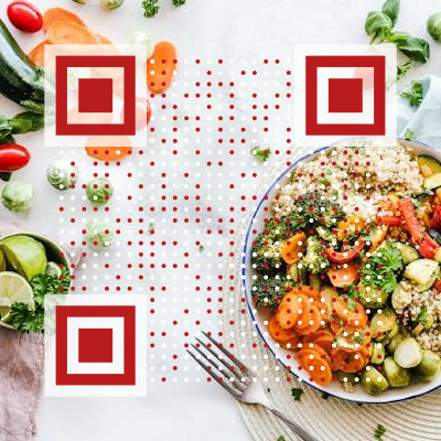 Transparent QR code with red dots-only on food photo