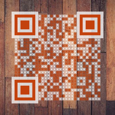 Transparent QR code with orange square dots on wood texture